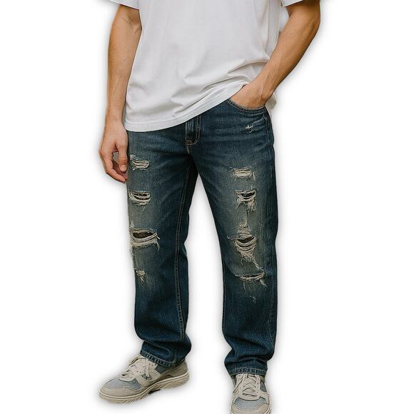 BKE Derek Jeans Straight Leg Blue Distressed Denim Rugged Classic Fit 30L - Picture 1 of 11